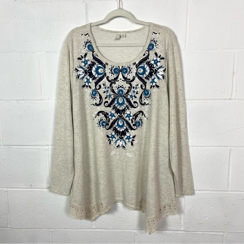 Cato Tunic Asymmetric Lace Hem Cream & Blue Floral Print Bohemian Romantic 18/20
